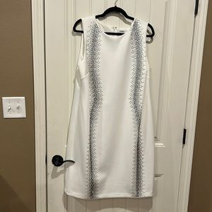 Calvin Klein white scuba cocktail dress w bugle bead detailing 16W NWT